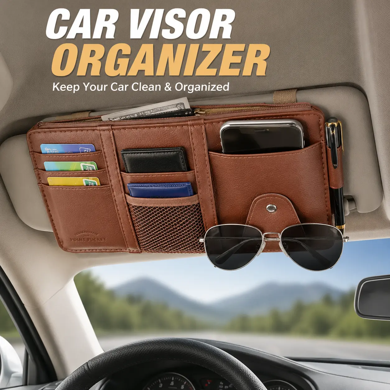 Car Sun Visor Organizer, Multi Pocket Storage Bag with Sunglasses Holder, Phone Holder & Card Slots, Auto Interior Accessories