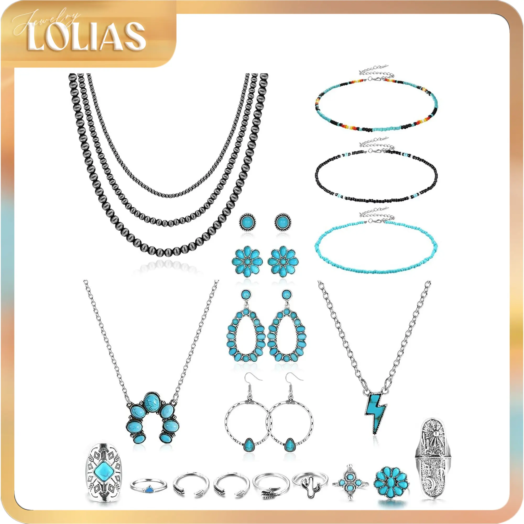 LOLIAS Turquoise Jewelry for Women Bohemian Western Jewelry Set Navajo Pearl Necklace Beaded Choker Necklace Turquoise Earrings Bracelet Vintage Knuckle Rings Boho Western Jewelry for Women