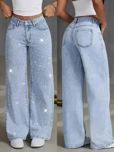 Women's Elegant High-Waisted Wide-Leg Button Denim Jeans, Fitted Woven Fabric, Rhinestone Embellished, All-Season Womenswear Fashion Pants, Streetwear