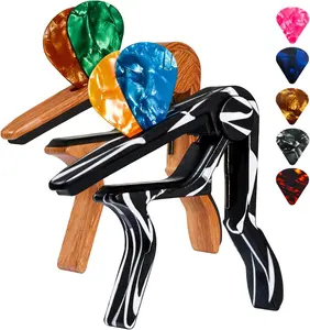 Summer Spring Gift Guitar Capo for Acoustic and Electric Guitars 6-String Acoustic & Electric Guitar Capo(with Pick Holder and 5 Picks),Ukulele,Mandolin,Banjo,Guitar Accessories (Wood+Carbon Fiber)