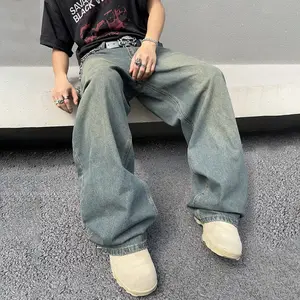 UP.THE Vintage Washed Workwear Denim Pants with Distressed Patchwork Design Multiple Pockets Loose Fit for Casual Outings