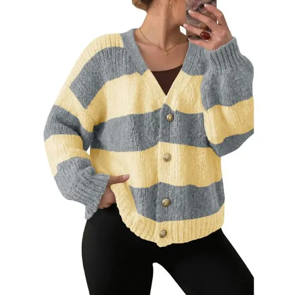 Fisoew Womens Striped Open Front Cardigan Sweaters V Neck Button Up Long Sleeve Color Block Knit Chunky Winter Outerwear