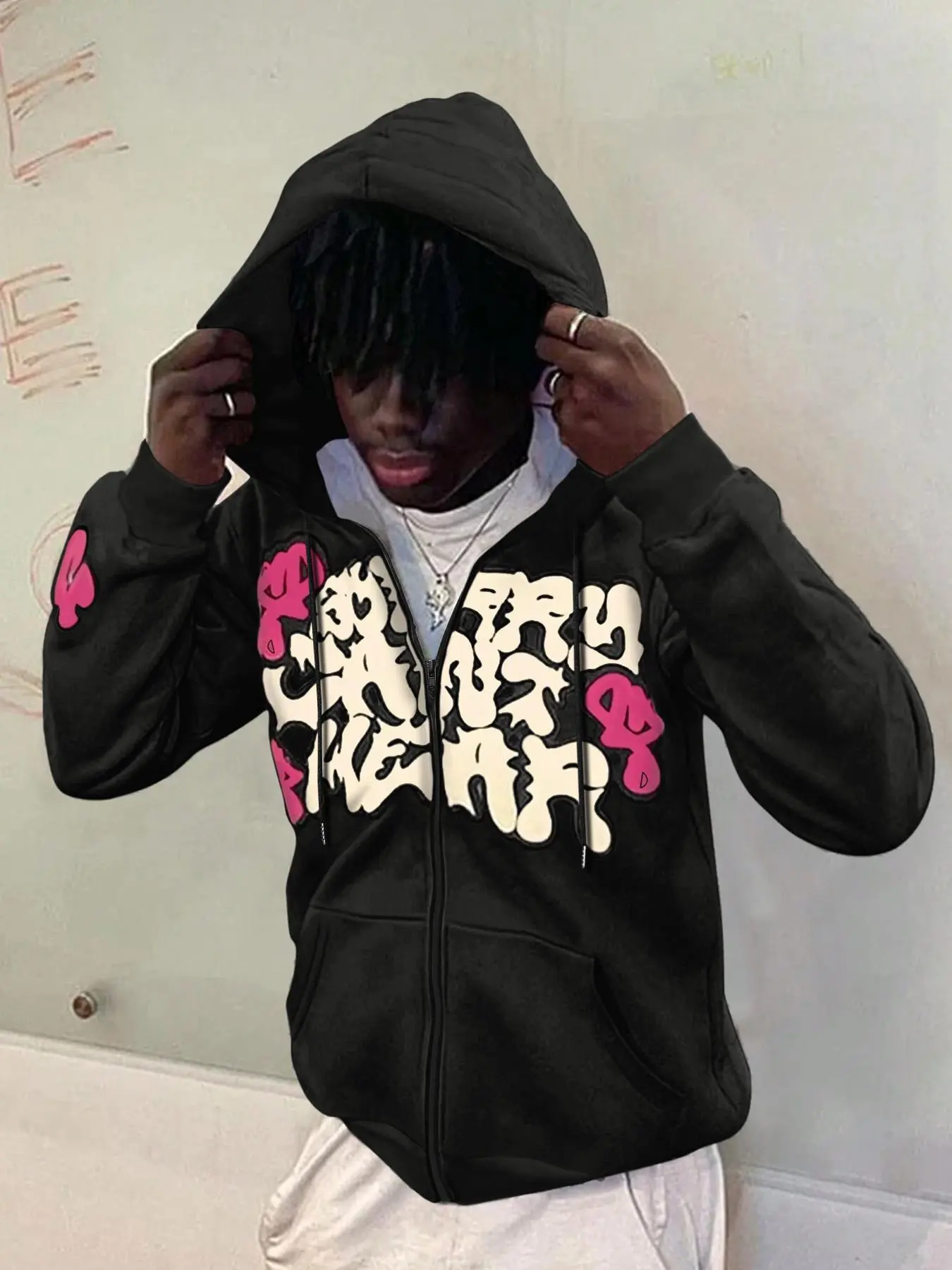 Men's Regular Fit Graphic Print Drop Shoulder Zip Up Hoodie, Fashion Casual Drawstring Pocket Plush Lined Hooded Sweatshirt for Daily Holiday Outdoor Wear, Men Clothes for Fall & Winter, Hooded Zipper Hoodie, Affirmation Zip Hoodie, Street Fashion Hoodie