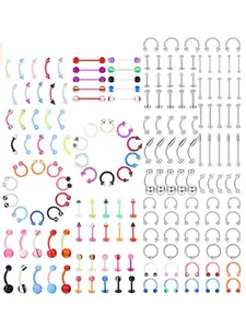 142pcs - 185pcs Body Piercing Jewelry for all piercings, Tongue Nipple Rings Eyebrow Lip Belly Button Barbell Nose Piercing Nose Rings Hoops Tragus Navel body jewelry for women piercings 14g-18g, Body Piercings Set, Nose Piercings Kit, Helix Pierced Ring