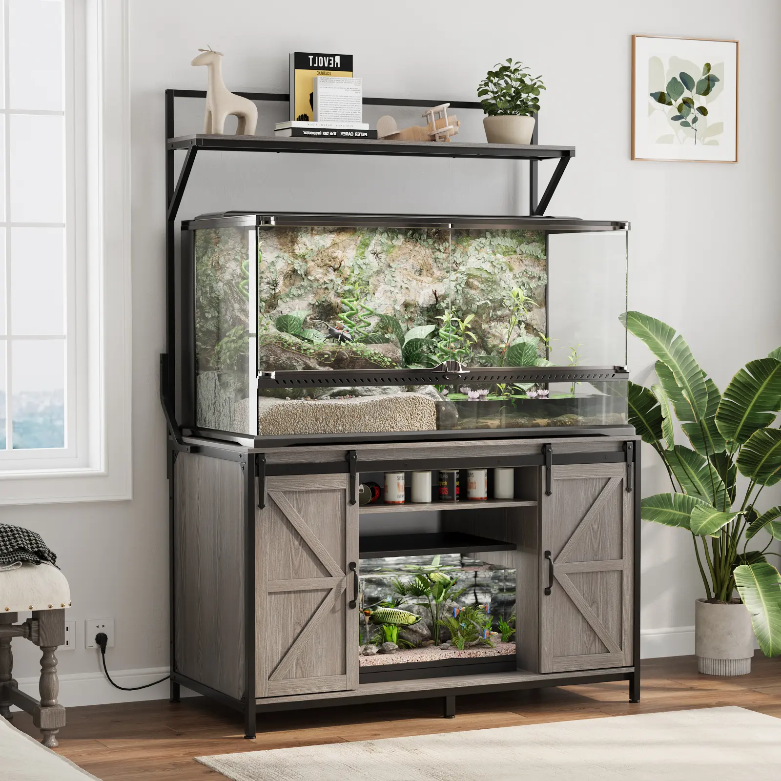 VOWNER Farmhouse Reptile Tank Stand with Power Outlet, 48" X 24" Tabletop Fits up to 120 Gallon Bearded Dragon Tank, Heavy Duty Aquarium Stand with Storage Cabinet, Reptile Turtle Terrarium Stand