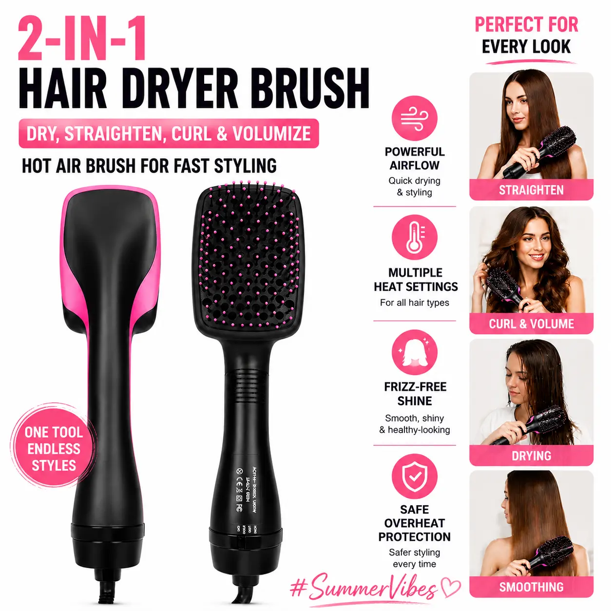 2-in-1 Hair Dryer Brush, Hot Air Brush for Curling, Straightening & Volumizing, Fast Styling Blow Dryer Brush for Smooth Frizz-Free Salon-Style Hair #SummerVibes