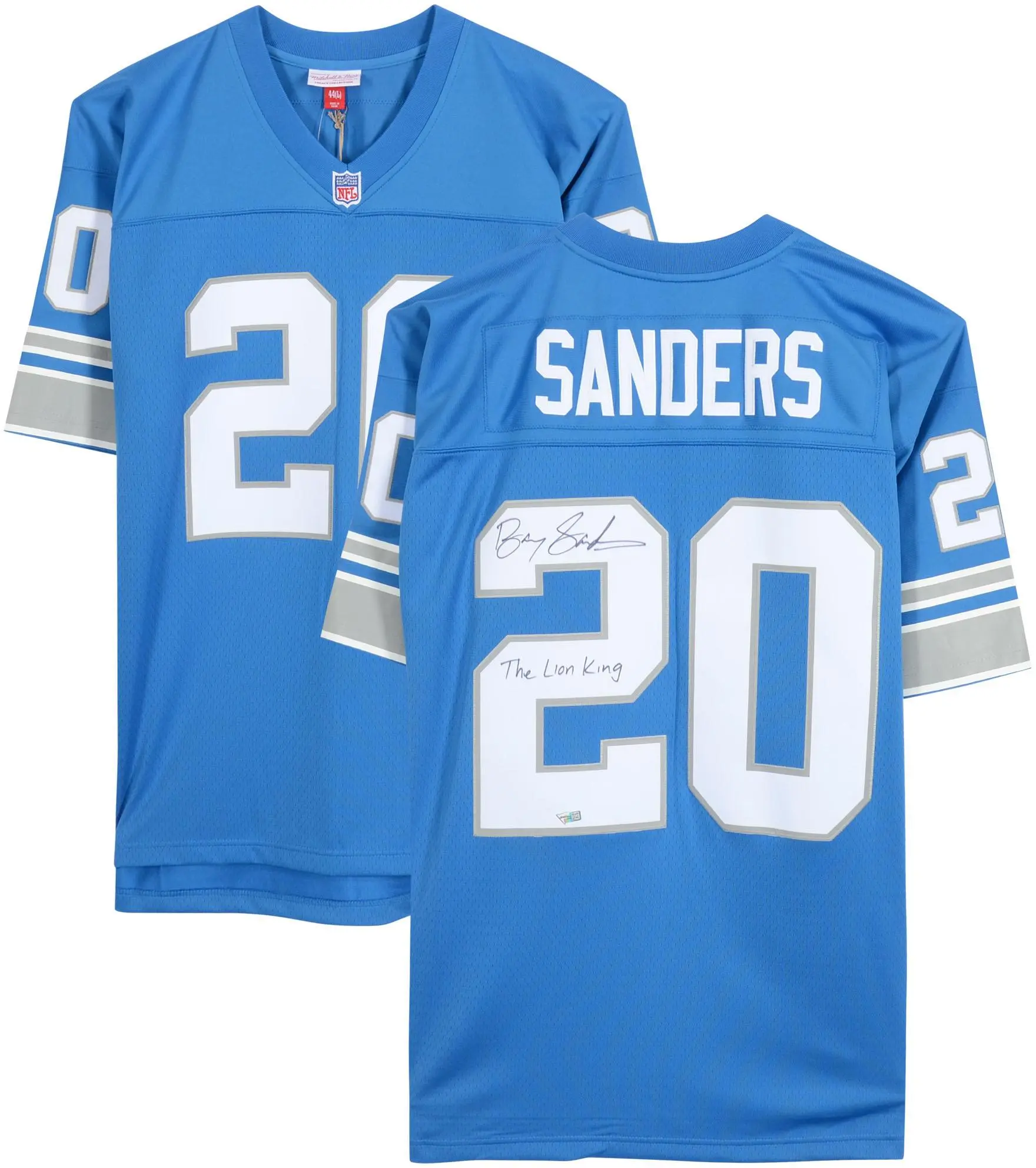 Barry Sanders Detroit Lions Autographed Mitchell & Ness Blue Replica Jersey with "Lion King" Inscription - Fanatics Authentic Certified