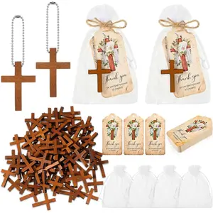100 Piece Funeral Favor Set for Memorial Service, Includes 100 Wooden Cross Keychains, Thank You Cards, Organza Bags, Sympathy Gift for Remembrance Bereavement Celebration of Life (Cross)