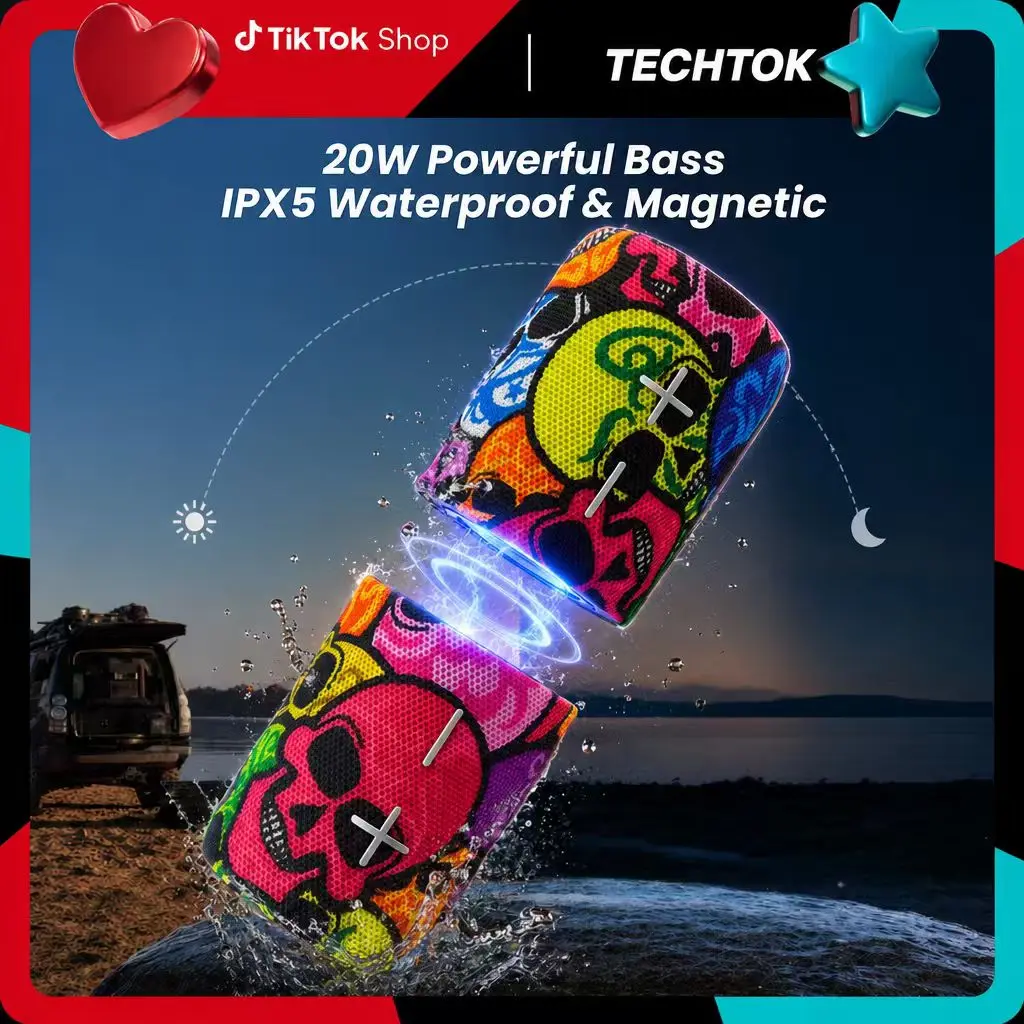 SummerWins 2-in-1 Compact Bluetooth Speaker - 20W Split Magnetic IPX5 Water-Resistant Stereo Sound System, Wireless Pairing, Multi-Device Compatibility, USB Type A/Audio Cable Charging, Batteries Included, Outdoor Gadgets for Home/Outdoor Use
