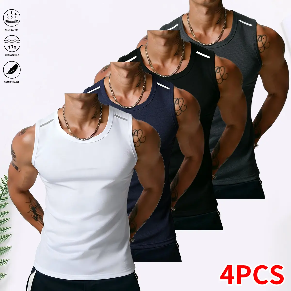 Men’s sleeveless T-shirt set (4 pieces), crew neck T-shirts, casual basketball athletic shirts, summer menswear | men’s sleeveless
