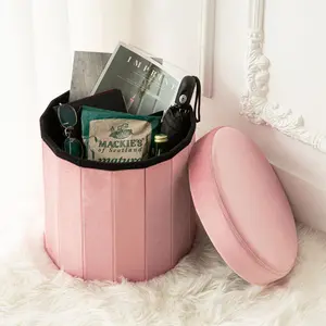 Phantoscope Round 15 Inch Storage Ottoman, Velvet Folding Storage Boxes Foot Rest Toy Box, Padded Seat for Dorm Living Room Bedroom