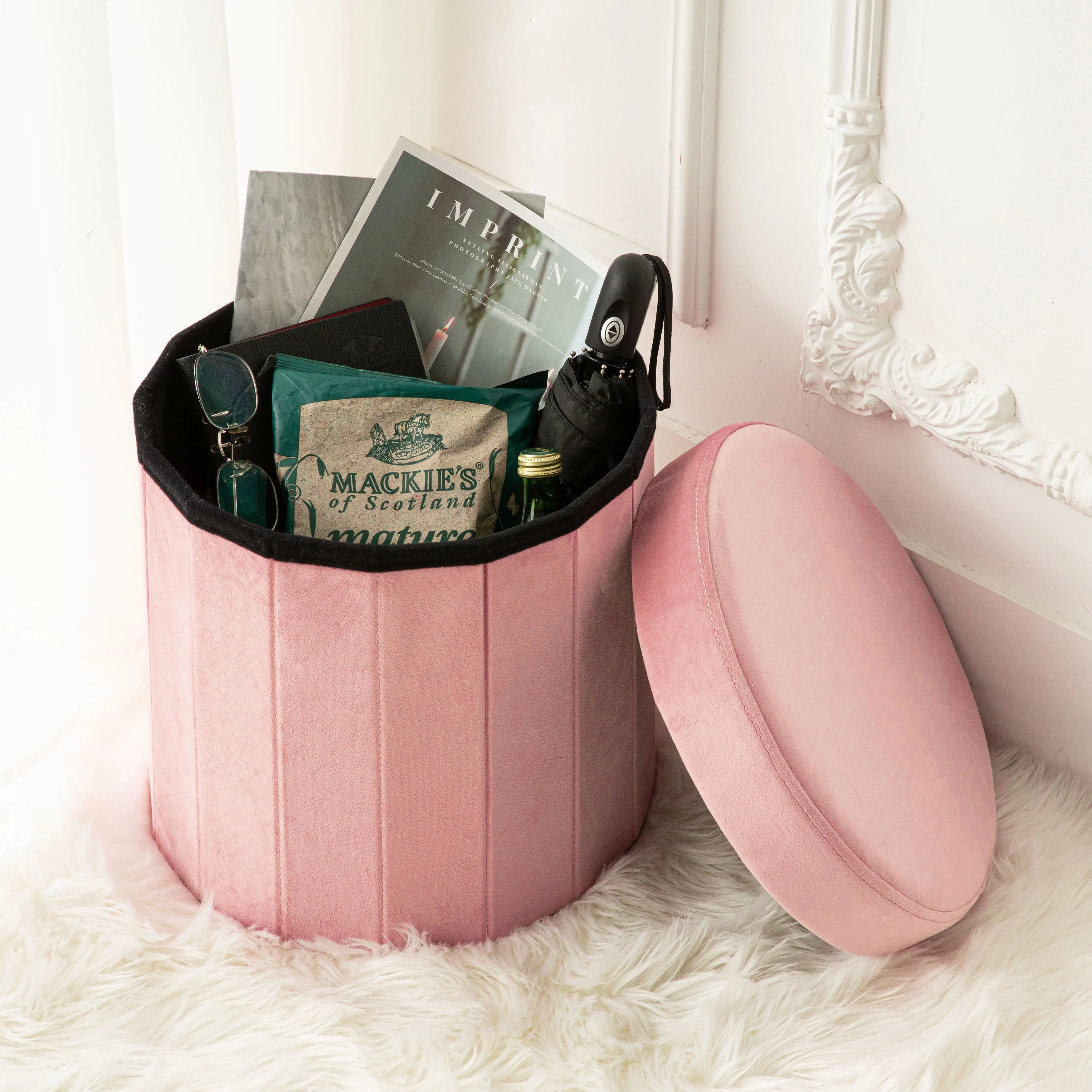 Phantoscope Round 15 Inch Storage Ottoman, Velvet Folding Storage Boxes Foot Rest Toy Box, Padded Seat for Dorm Living Room Bedroom