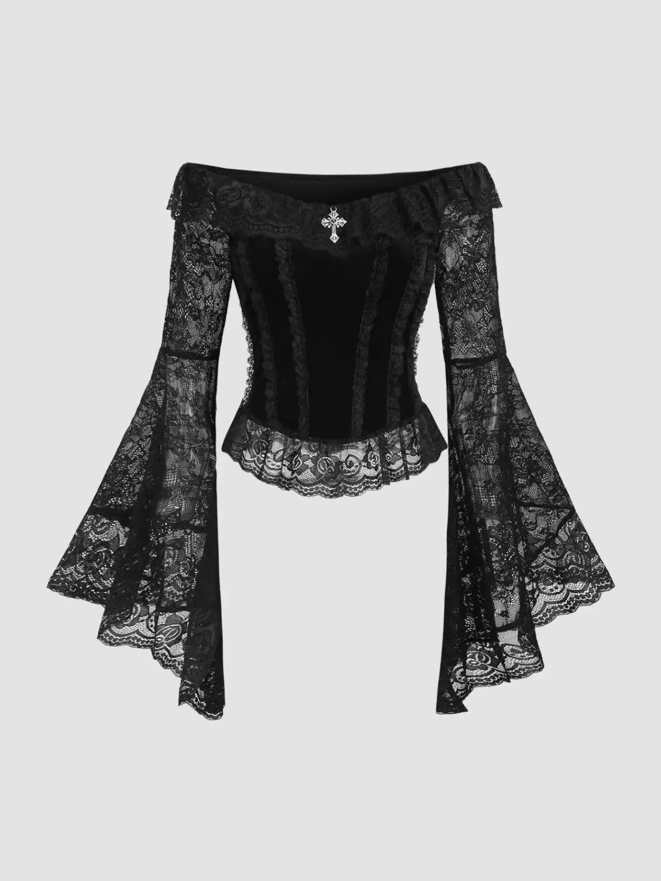 Gothic Palace Style Cross Decoration Lace Flounce Long Sleeve off Shoulder Velvet Fitted Women's Shirt, Tops, Blouse, Classic High-End Fashion Dress