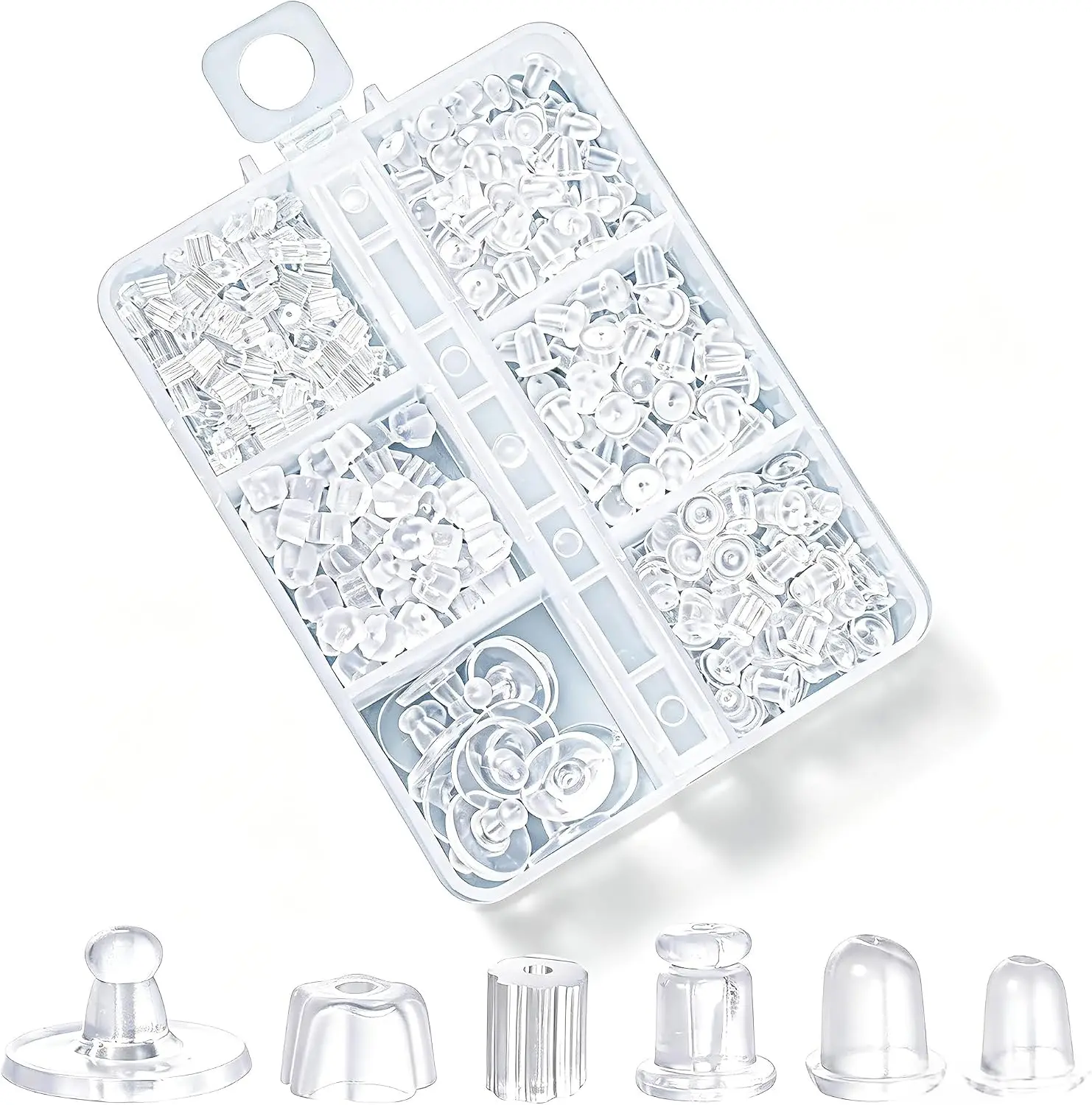 6 Styles 600Pcs Silicone Earring Backs, Clear Soft Plastic Rubber Earring Backings Clutch Stoppers Replacement Kit for Studs Hoops Fish Hook Earrings