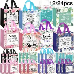 12/24-Pack Inspirational Bible Verse Floral Gift Bags with Handles – Reusable Non-Woven Christian Gift Bags, Ideal for Women, Weddings, Bridal Shower Gift, Birthdays, Religious Gift and Birthday Favors | Pink, Purple, Blue, Green, Floral Designs