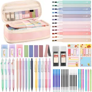 DazSirit 62 count Aesthetic School Supplies with Foldable Pencil Case, 12 Pastel Highlighters, 4 Erasable Pens, 5 Gel Pens, 6 Mechanical Pencils, Sticky Notes, Complete Stationery Kit for Teens,