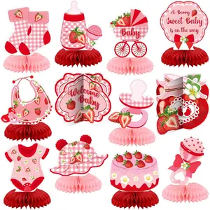 12 Pcs Strawberry Baby Shower Decoration Strawberry Honeycomb Centerpiece a Berry Sweet Baby Is on the Way Table Topper 3D Double Sided Table Decoration for Birthday Baby Shower Party Favors