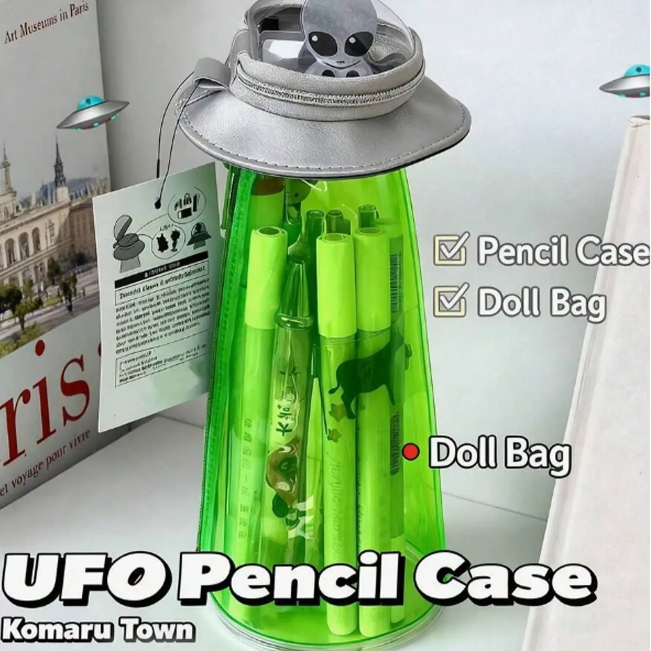 Creative Space Theme Ufo Storage Box, Transparent Desk Organizer for Stationery, Fun Pencil Case for School Classroom, Office Supplies and Home, Portable Makeup Bag for Travel, Cute Gift for Ramadan and Valentine's Day