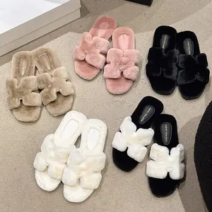 Light Luxury Flat-Bottomed Fluffy Slippers for Women 2026 New Letter Tow Internet Celebrity Outer Wear Cotton Tow Comfortable and Cozy