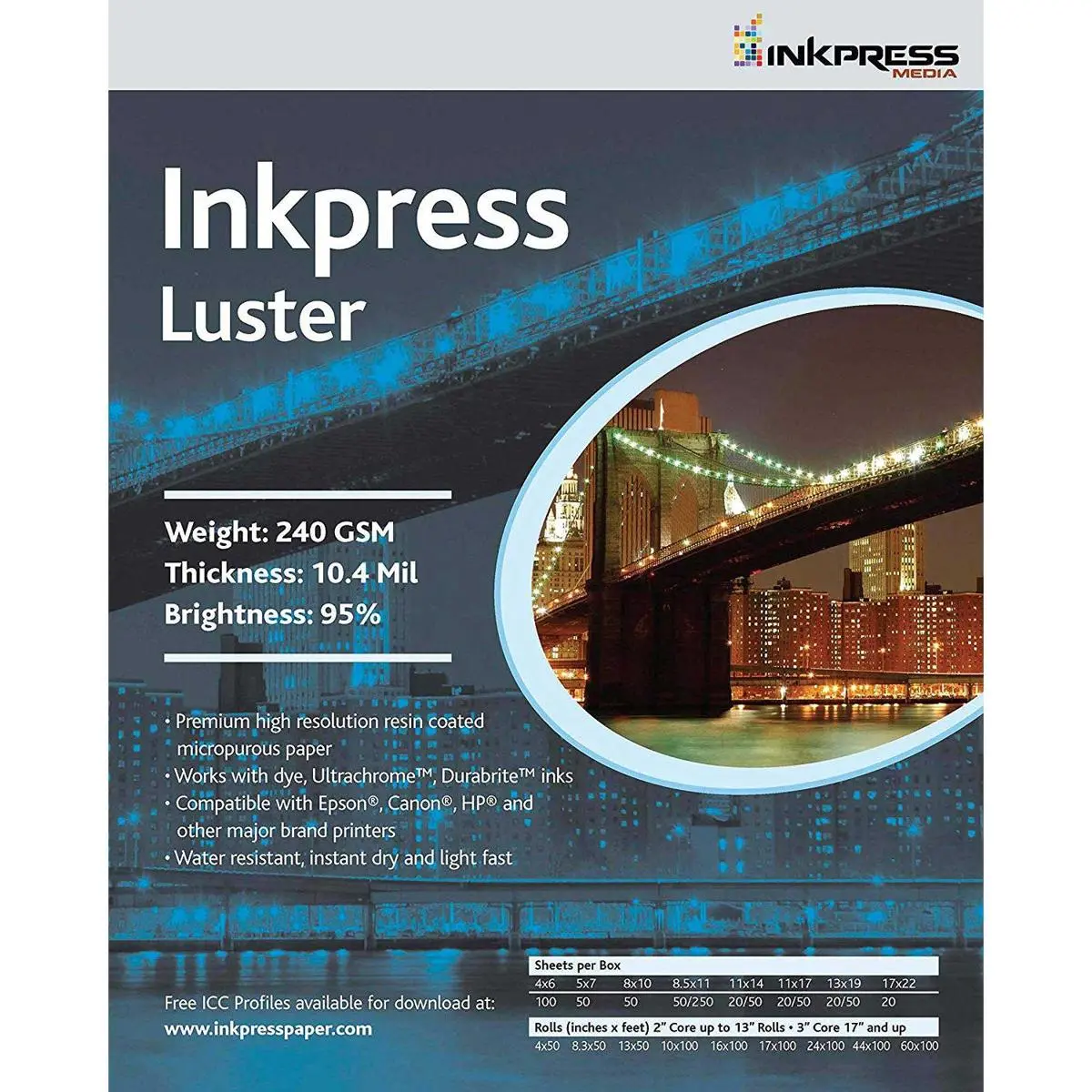 Inkpress Luster Premium Single Sided Bright Resin Coated Photograde Inkjet Paper, 10.4mil., 240gsm., 11x14", 50 Sheets