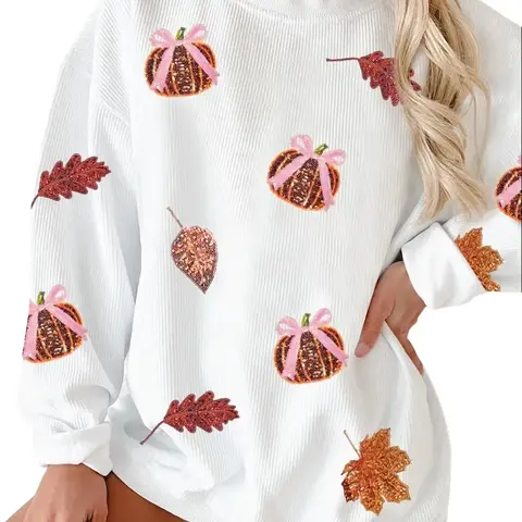 PHEFEE Women's Sparkly Sequin Pumpkin Graphic Sweatshirt - Fall Long Sleeve Round Neck Cuffed Oversized Pullover Tunic Tops for Women, Soft Ribbed Polyester Fabric, Casual Everyday Fit, Halloween Sweatshirts