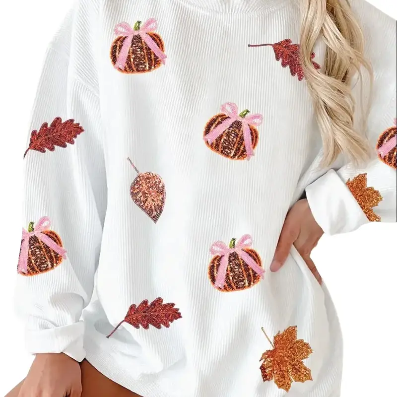 PHEFEE Women's Sparkly Sequin Pumpkin Graphic Sweatshirt - Fall Long Sleeve Round Neck Cuffed Oversized Pullover Tunic Tops for Women, Soft Ribbed Polyester Fabric, Casual Everyday Fit, Halloween Sweatshirts