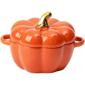 Dutch Oven Pot with Lid, Pumpkin Pottery Dessert Saucepan, Mini Baking Dish Cute Pumpkin Bowl, Covered Dutch Oven Ceramic Stockpot, Pumpkin-Shaped Casserole (Orange)