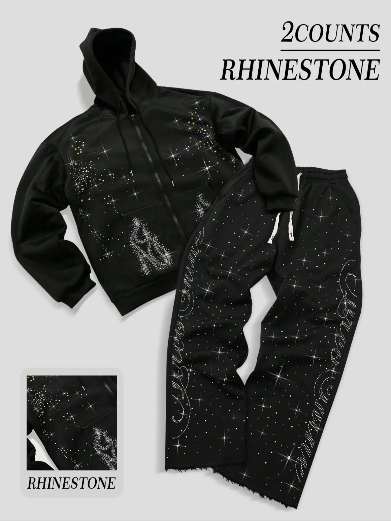 Y2K Street Style Rhinestone Zipper Hoodie & Wide Leg Pants Set, Trendy Women's for Casual Wear, Perfect for Spring & Fall Seasons