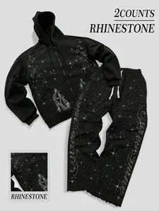 Y2K Street Style Rhinestone Zipper Hoodie & Wide Leg Pants Set, Trendy Women's for Casual Wear, Perfect for Spring & Fall Seasons