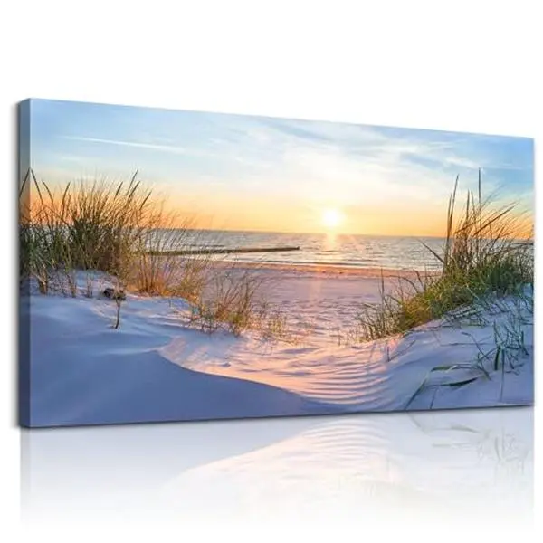 Wall Decor for Living Room Large Canvas Wall Art for Bedroom Modern Office Pictures Blue Sun Beach Grass Ocean Landscape Paintings Canvas Art Prints Home Decorations, Panoramic Beach Canvas, Coastal Neutral Wall Art, Sunrise Ocean Landscape Print