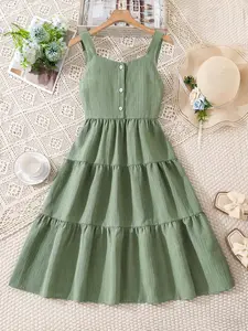 Girls' Square Neck Solid Color Dress with Button Decoration, Strapless Style, Fashionable and Comfortable Design, Perfect for Daily Wear
