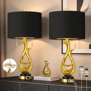 Modern Luxury Table Lamps, Gold Sculptural Bedside Lamps, Gold Leaf Finish Nightstand Lamps, 26'' Table Lamp with S Cluster Pull Chain Switch for Bedroom, Desk Lamp with USB Ports, 4 Bulbs Included