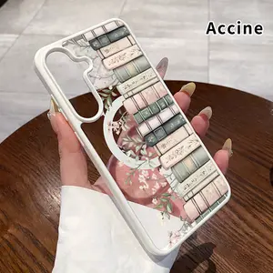 Magnetic Phone Case Supports Wireless Charging Compatible With Samsung Galaxy S23 Ultra S24 Plus FE S25 S22+ Books with Blooms Pattern Non-Yellowing Shockproof Soft Silicone Transparent Acrylic Cover