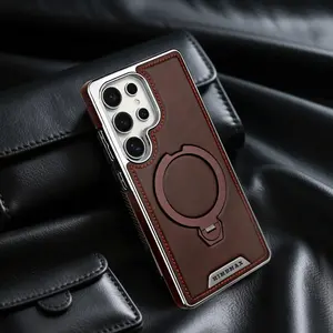 High end leather case, 360 ° rotating magnetic bracket phone case cover, for Samsung Galaxy S25 Ultra S25Edge wireless charging anti drop shockproof protection case