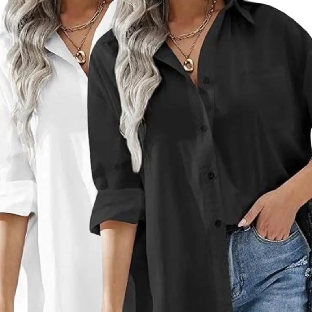 Women's Lightweight Oversized Minimalist Button Down Shirt, Long Sleeve Comfy Casual Blouse for Layering Outfits, Essential