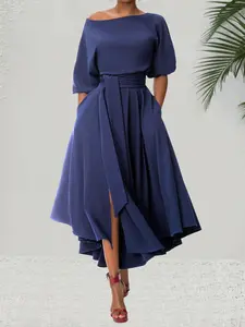 Women's Plain Belted Split Boat Neck Dress, Elegant Bishop Sleeve A Line Dress for Summer, Summer Outfits 2024, Fashion Women's Dress for Daily Wear