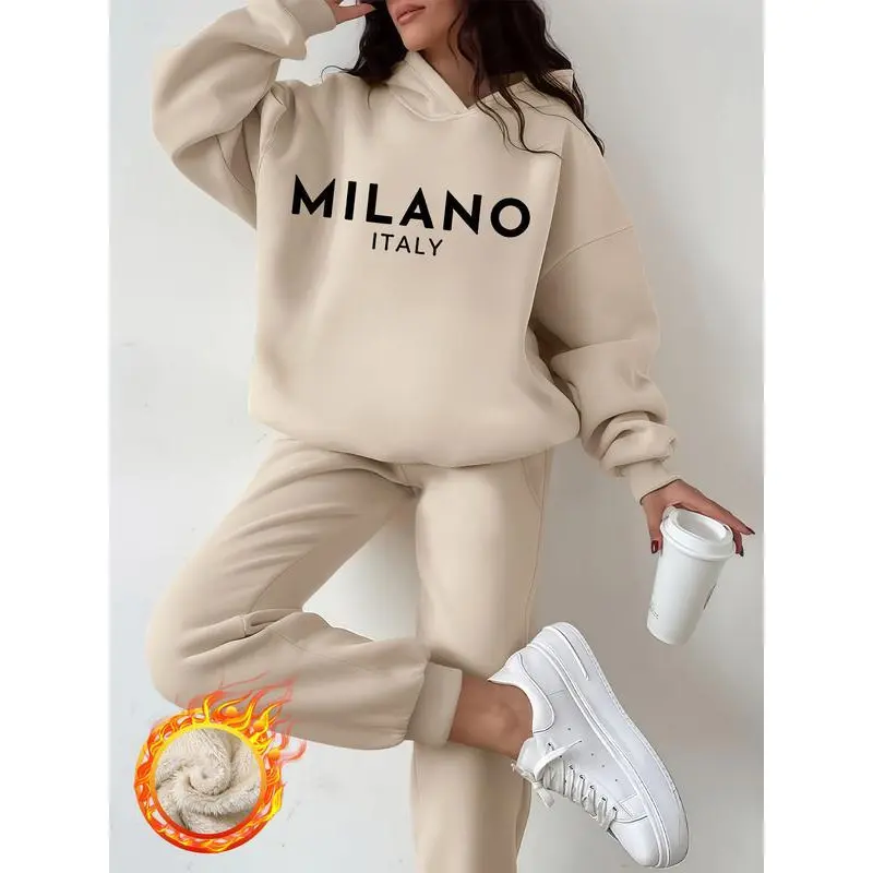 Women's Hooded Sweatshirt Set, Milano Italy Letter Print, Thick Fleece Lined Long Sleeve Top & Pants, Casual for Fall/Winter, can be worn with a raincoat.