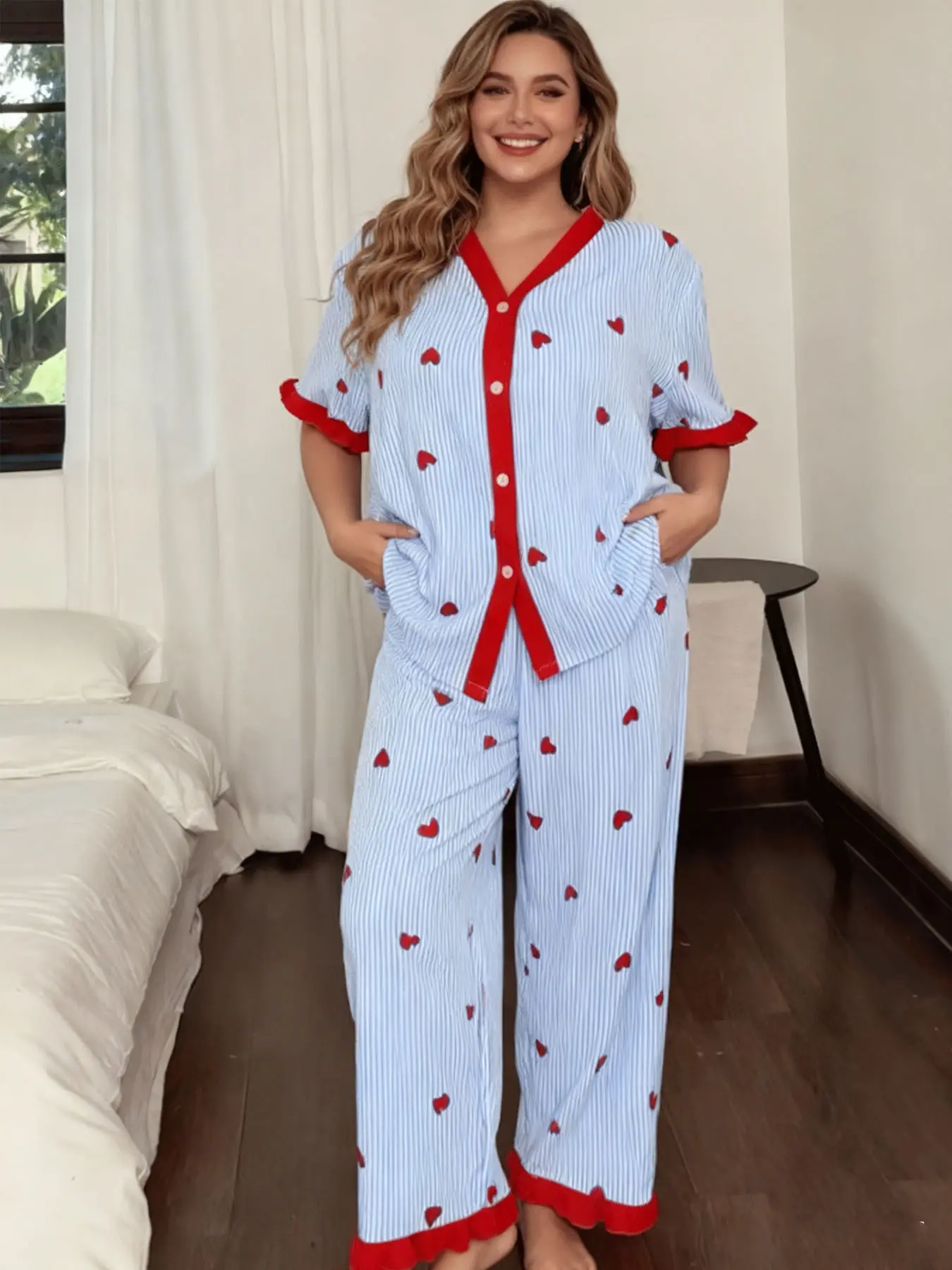 Spring Summer Plus Size Heart Striped Pajama Set Pjs, Sweet Color Contrast Feminine Ruffle Button Front Sleepwear, Elegant Loose Fit Homeewear, Loungewear, Homewear