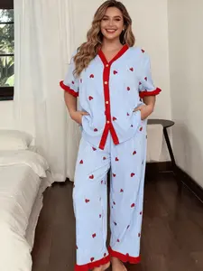 Spring Summer Plus Size Heart Striped Pajama Set, Sweet Color Contrast Ruffle Button Front Sleepwear, Elegant Loose Fit Homeewear, Loungewear