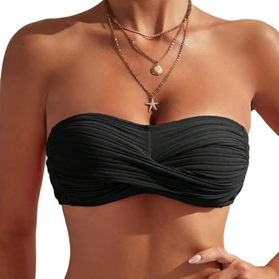 Women's Strapless Beach Bikini Top - Solid Color, Ruched Twist Front with Ring Detail, Wireless Swimwear with Removable Push-Up Padding