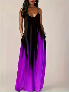 Women's Summer Colorblock Print Halter Dress, Casual Flowy Sleeveless Long Dress, Fashionable Ladies' Clothing, Perfect for Daily Wear, Womenswear