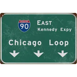 Metal Sign Vintage East Chicago Loop Interstate 90 Road Sign Bar Club Cafe Wall Decor Restaurant Bedroom Wall Decor Gift 8x12 Inch Tin Minimalist Decorative