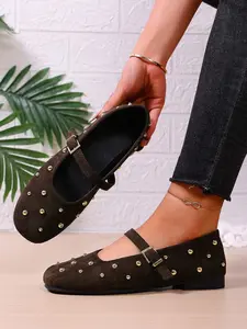 Women's Ballet Flats with Adjustable Straps, Comfortable Square Toe Mary Jane Shoes, Casual Textile Upper Low Top Sneakers for All Seasons, Rubber sole Footwear