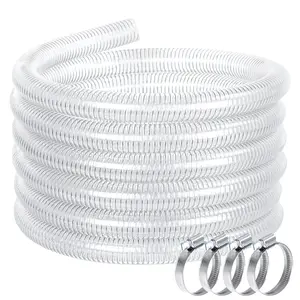 25FT Wire Reinforced Hose with 4 Clamps, Heavy Duty Dust Collection Suction Flexible Vinyl Tubing, High Pressure Drain Water Fuel Oil Powder Clear PVC Pipe