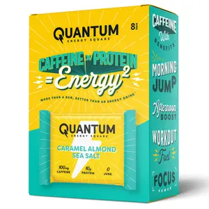 Quantum Energy Square Healthy Protein Energy Bars Caramel Almond Sea Salt 8Pk Snack - Organic Caffeine with Balanced Macronutrients, 10g Plant-Based Protein, Vegan, Gluten-Free, Non-GMO