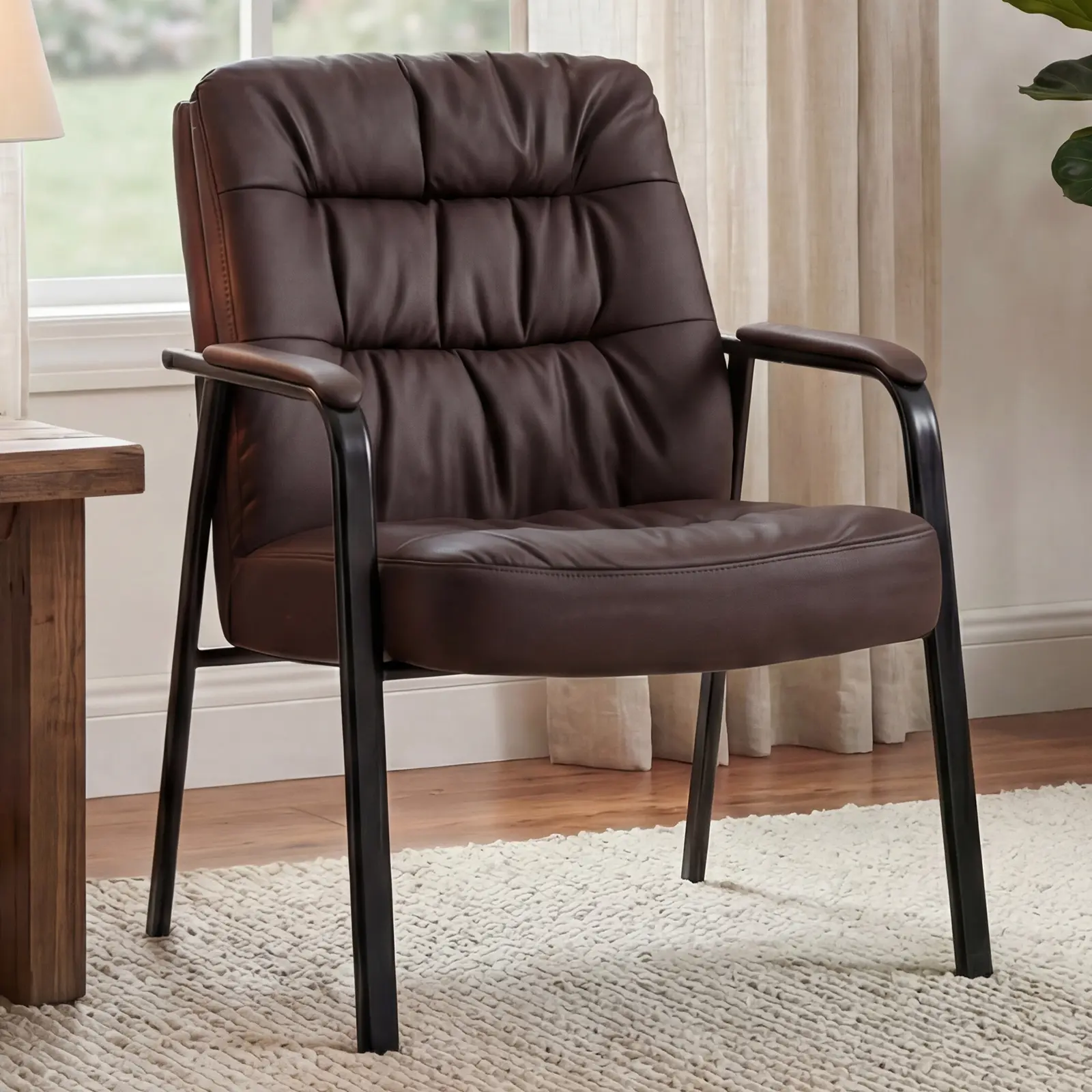 Waiting Room Chairs with Padded Armrests and Sled Base Leather Stationary No Wheels Office Guest Chair for Reception Lobby Home and Meeting Conference