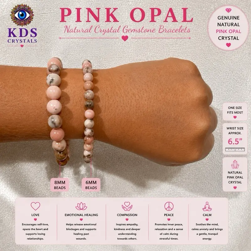 Pink Opal Natural Crystal Gemstone Bracelet 6mm 8mm Pink Opal Bracelet Heart Chakra Crystal Beaded Bracelet Gift for Her