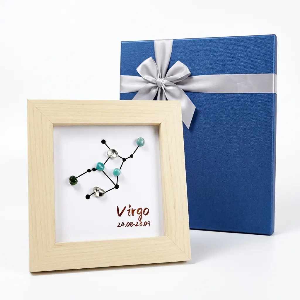 Natural Crystal Zodiac Constellation Picture Frame with Luxury Gift Box, Handcrafted Gemstone Astrology Star Map Wooden Framed Art for Desk Wall Decor, Personalized Birthday Gift for Women Men