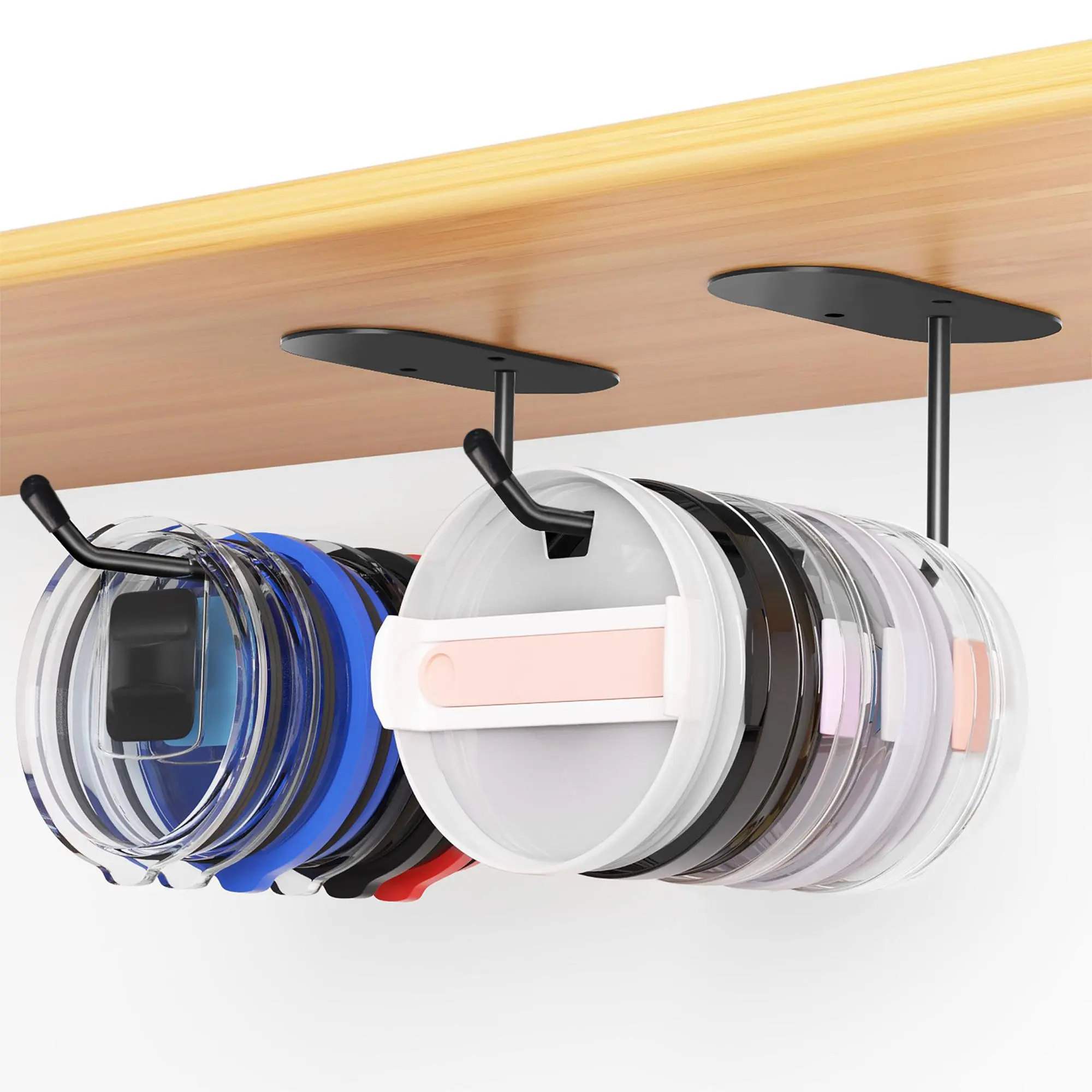 Tumbler Lid Organizer, 2 Counts Large-Capacity Space-Saving Cup Lid Holder, Self-Adhesive or Drill-Mounted Stainless Steel Tumbler Lid Storage Hooks, Kitchen Organizer Rack, Wall Mounted Hook, Metal Organizer, Metal Organiser Hooks