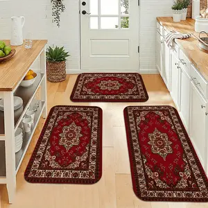 3pcs, Kitchen Set Carpet, Red-Bohemian Design Print Carpet, Farmhouse Country Decoration, Soft Flannel, Suitable for Bedroom, Living Room, Dining Room, Bathroom, Entrance